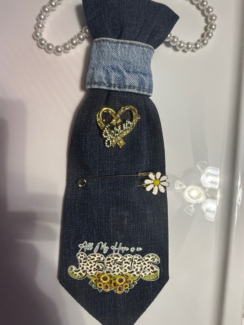 Denim Tie Necklace with Daisy Pin and Sparkle Heart